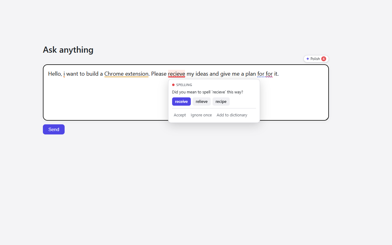 A prompt box with red and blue underlines under mistakes and a small card suggesting the fix "receive", with Accept, Ignore once and Add to dictionary buttons.
