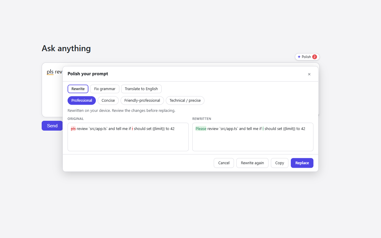 The Polish panel with Rewrite, Fix grammar and Translate modes, showing the original prompt with deletions highlighted next to the rewritten prompt with insertions highlighted.